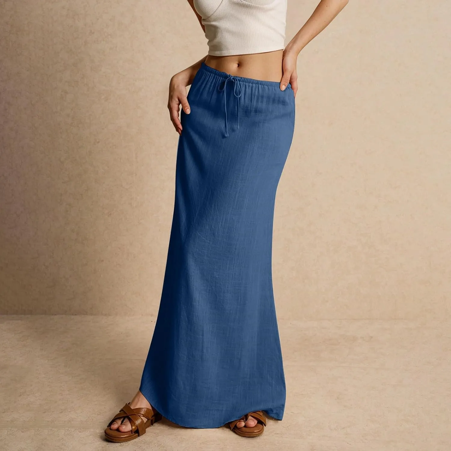 Linen Maxi Skirts for Women Summer Trendy Drawstring Waisted Comfy A Line Long Skirt Boho Flowy Vacation Beach Skirt