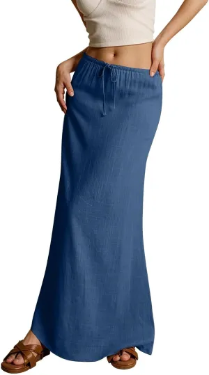 Linen Maxi Skirts for Women Summer Trendy Drawstring Waisted Comfy A Line Long Skirt Boho Flowy Vacation Beach Skirt