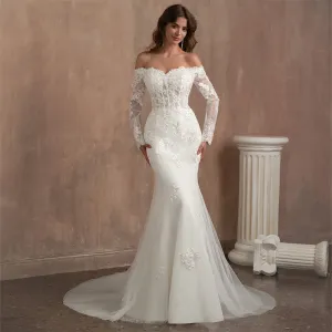 Long Sleeves Vintage Mermaid Wedding Dress Women Bridal Gown