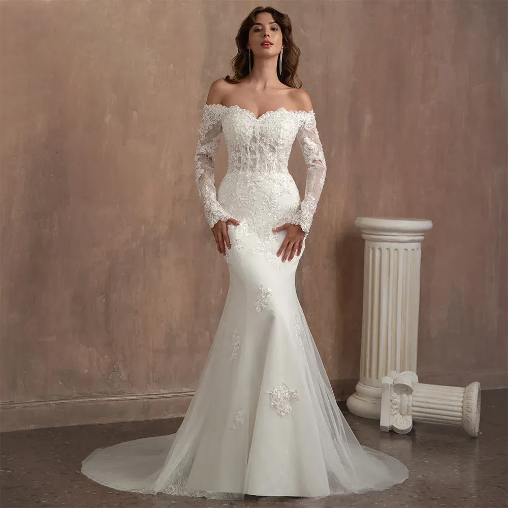Long Sleeves Vintage Mermaid Wedding Dress Women Bridal Gown