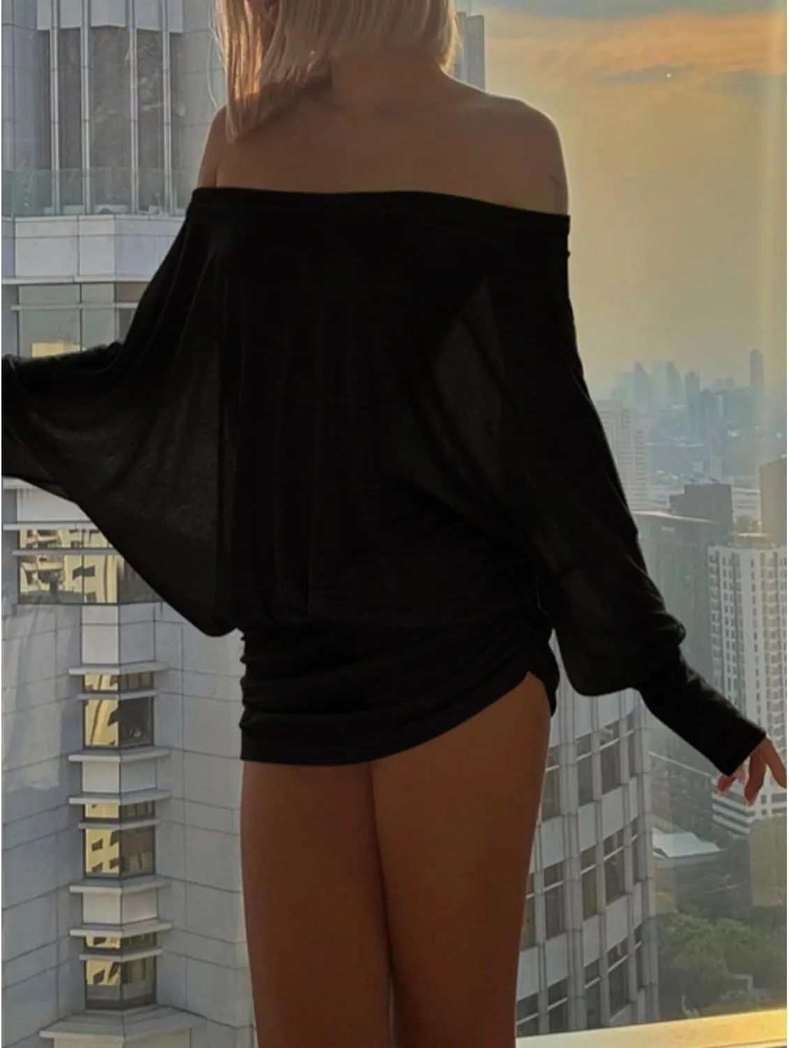 Loose Fit Sheer Dress Batwing Off The Shoulder Long Sleeve Mini Ruched Oversized Casual Streetwear Sexy Dress
