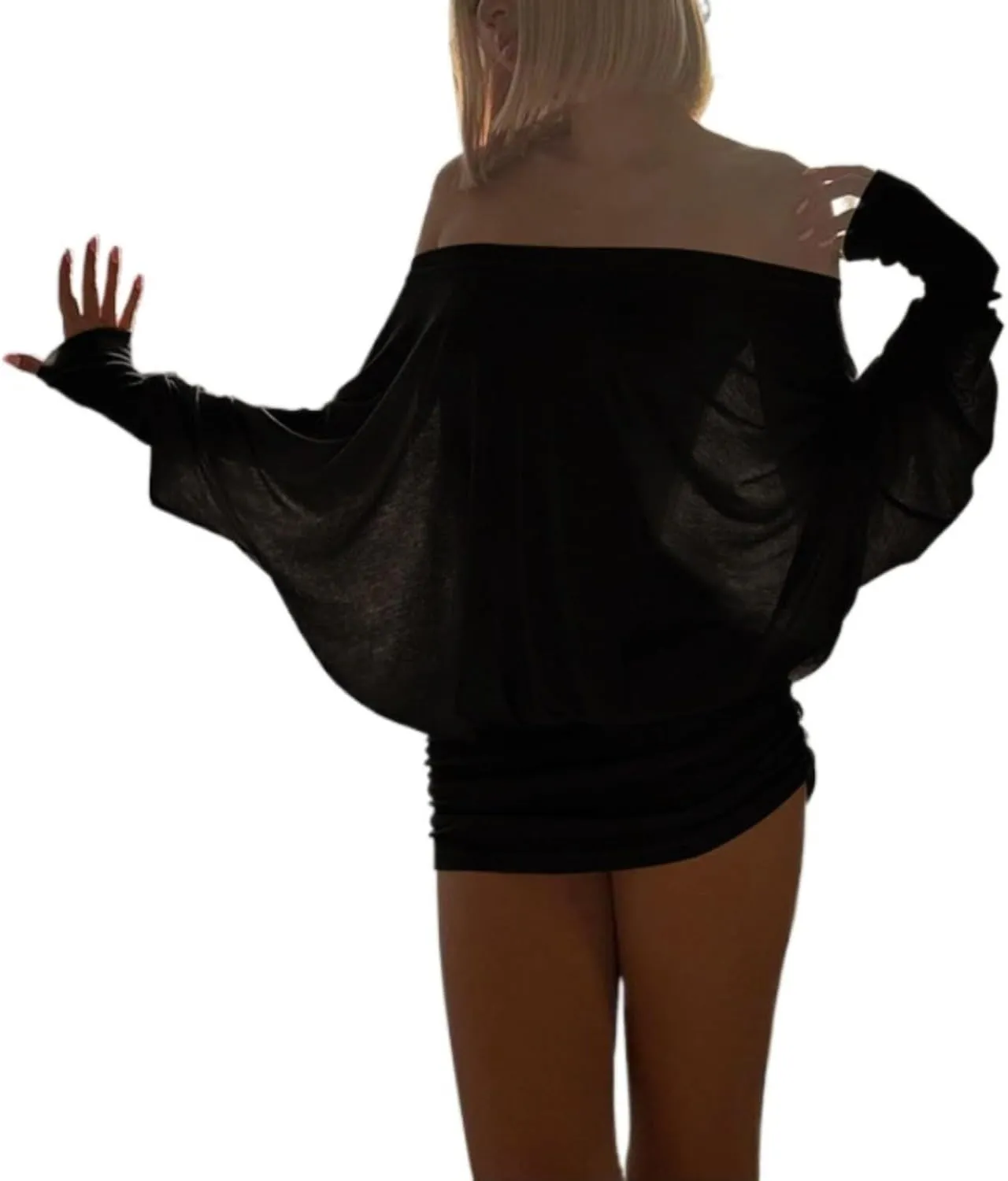 Loose Fit Sheer Dress Batwing Off The Shoulder Long Sleeve Mini Ruched Oversized Casual Streetwear Sexy Dress