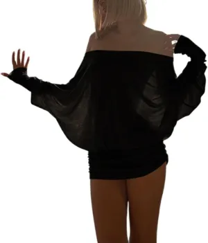 Loose Fit Sheer Dress Batwing Off The Shoulder Long Sleeve Mini Ruched Oversized Casual Streetwear Sexy Dress