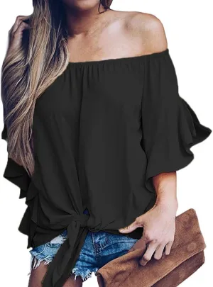 LuckyMore Off The Shoulder Tops Women Summer 3/4 Bell Sleeve Tie Knot Boho Shirt Blouses