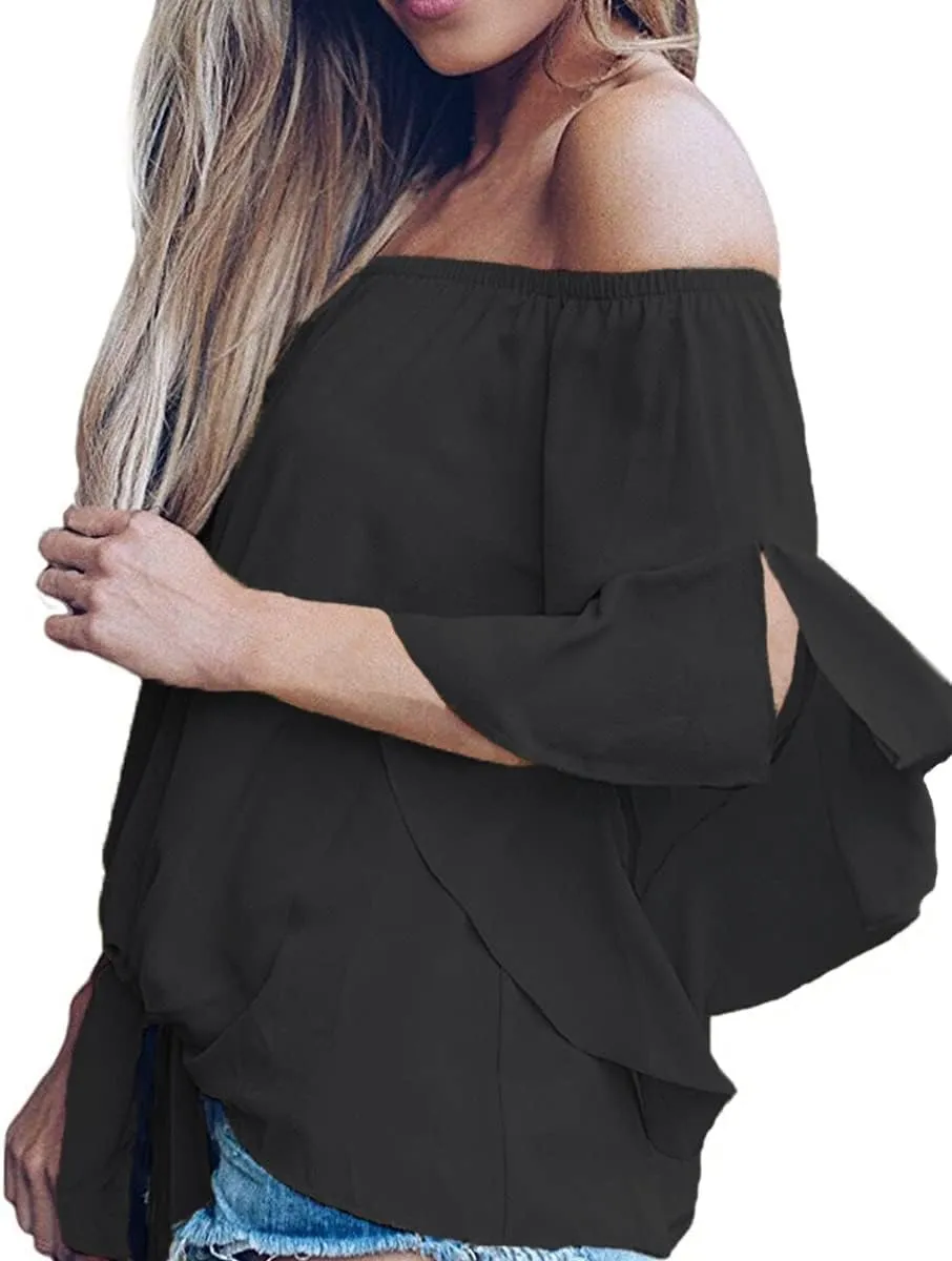 LuckyMore Off The Shoulder Tops Women Summer 3/4 Bell Sleeve Tie Knot Boho Shirt Blouses