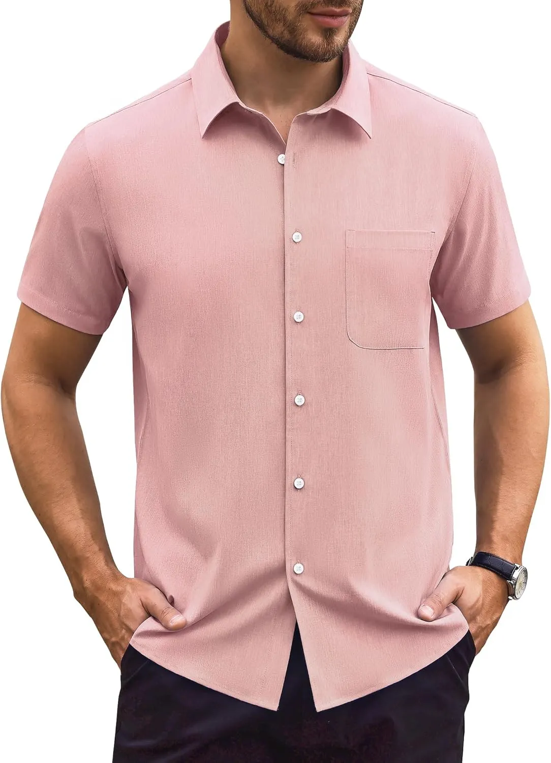 Mens Short Sleeve Button Down Shirts Casual Linen Shirts Button Up Wrinkle Free Beach Summer Vacation Wedding Tops