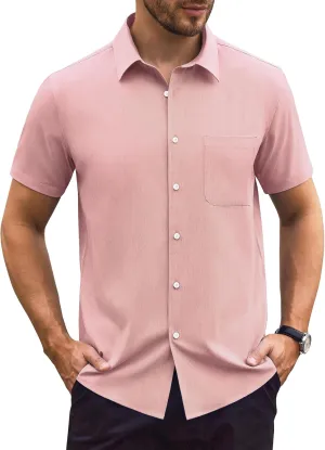 Mens Short Sleeve Button Down Shirts Casual Linen Shirts Button Up Wrinkle Free Beach Summer Vacation Wedding Tops