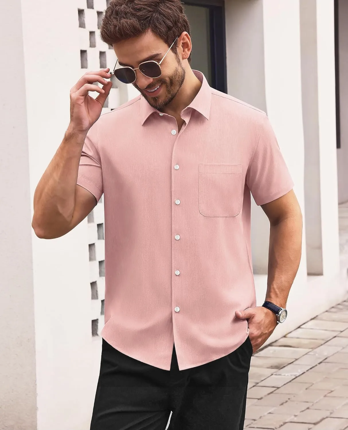 Mens Short Sleeve Button Down Shirts Casual Linen Shirts Button Up Wrinkle Free Beach Summer Vacation Wedding Tops