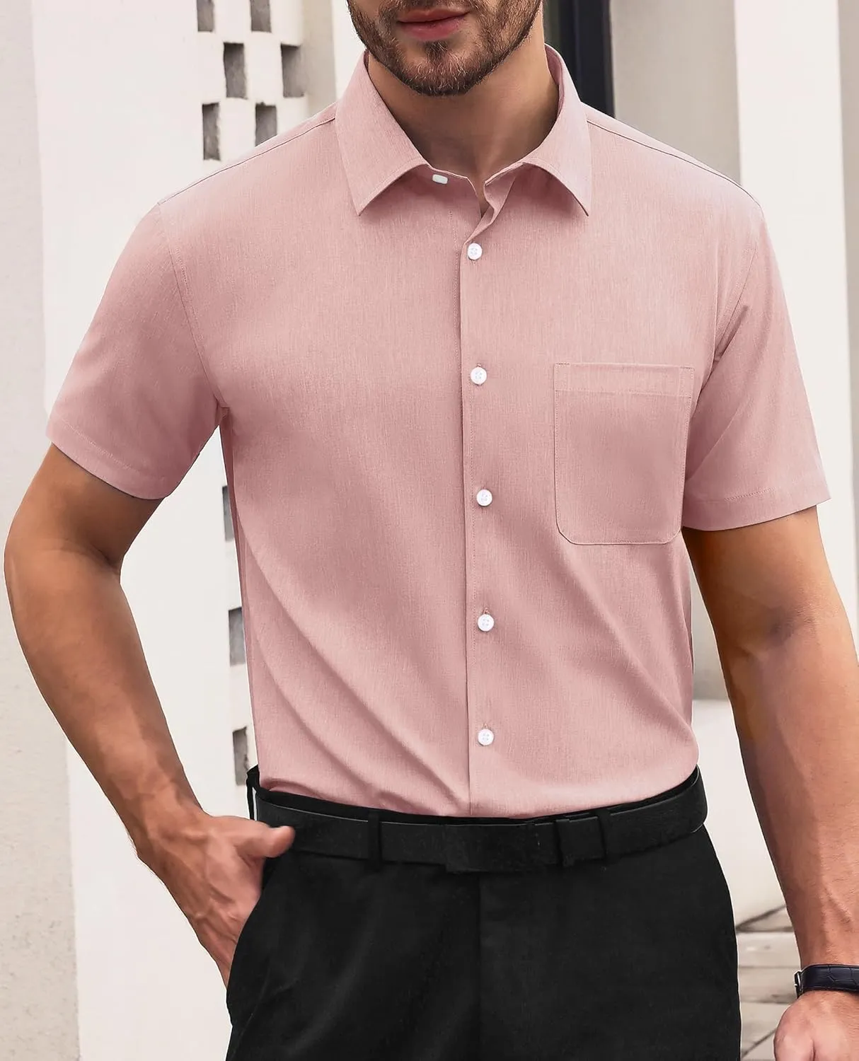 Mens Short Sleeve Button Down Shirts Casual Linen Shirts Button Up Wrinkle Free Beach Summer Vacation Wedding Tops