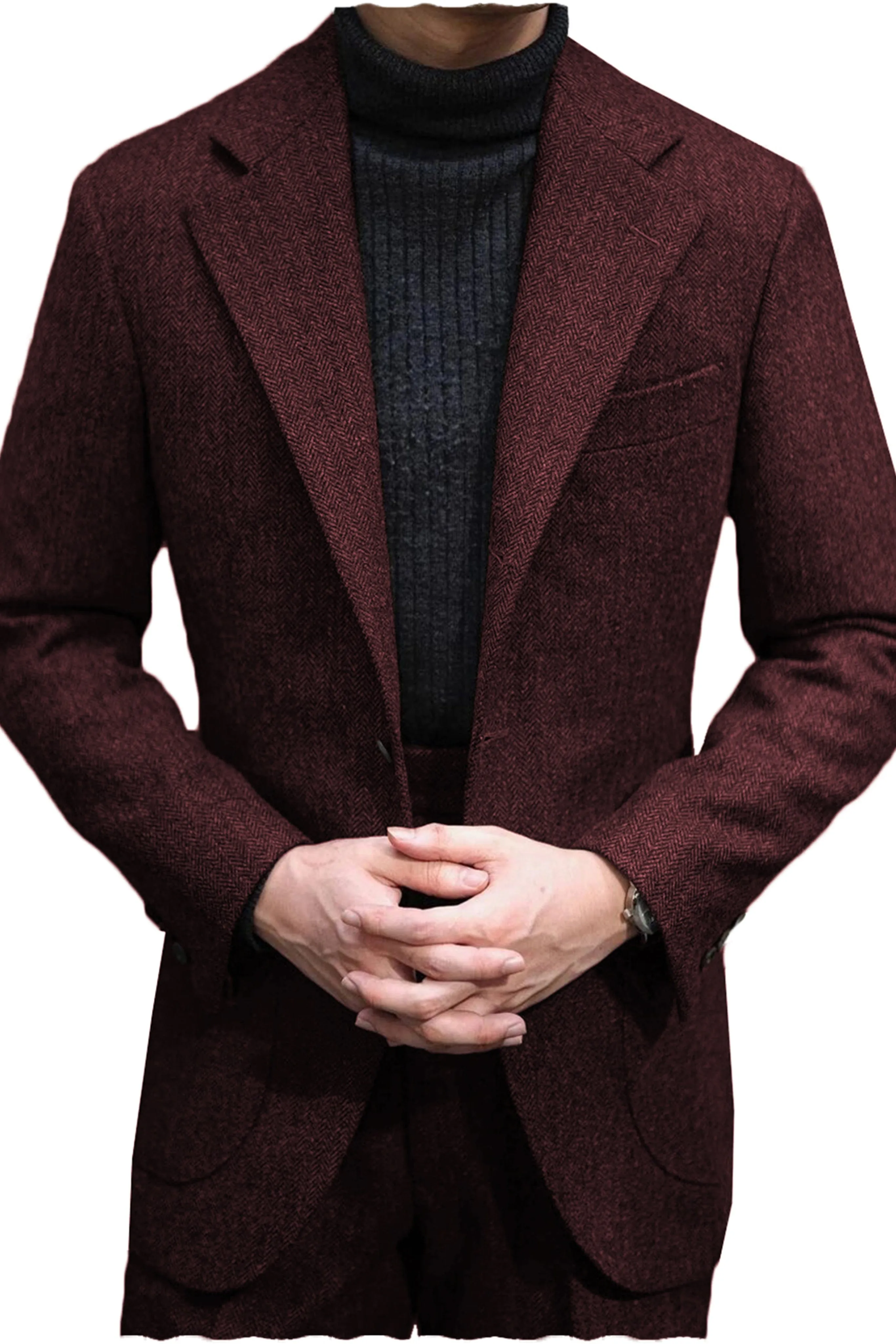 Men's Wool Tweed Suit 2 Piece Peak Lapel Blazer（Blazer Pants）