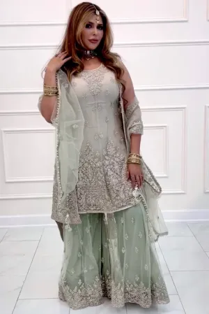 Mint Green Gharara suit with Jacket and Dupatta