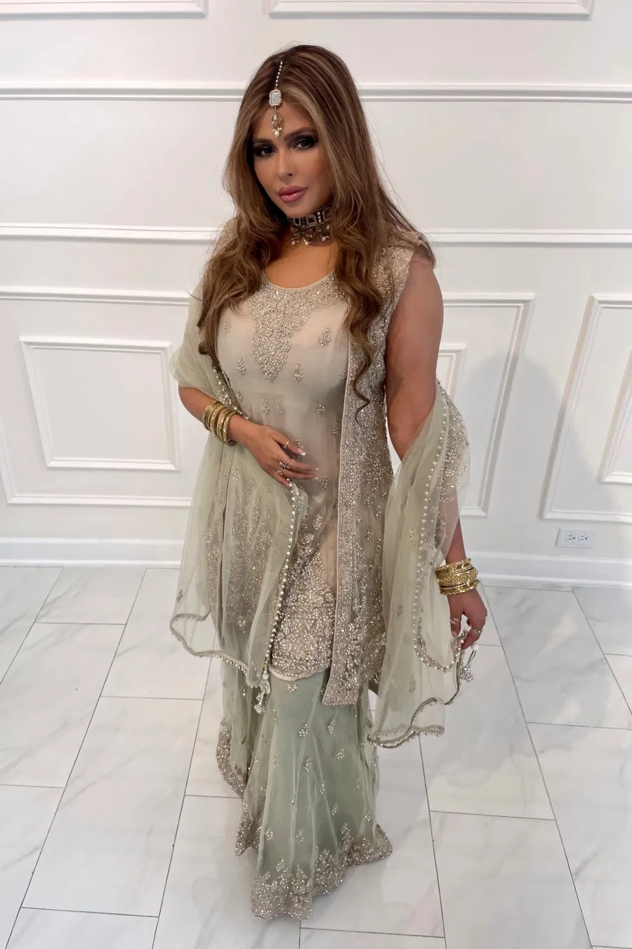 Mint Green Gharara suit with Jacket and Dupatta
