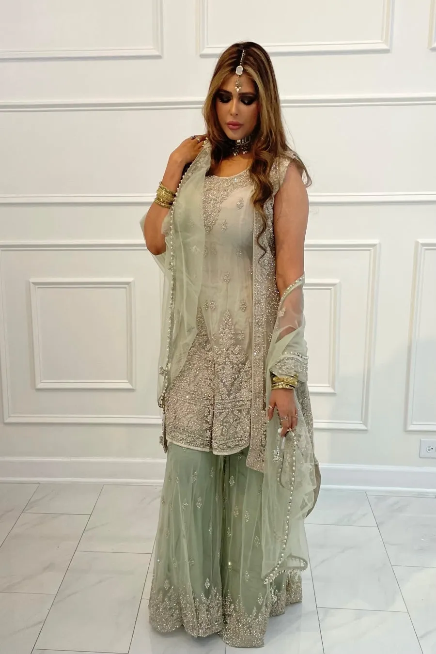 Mint Green Gharara suit with Jacket and Dupatta