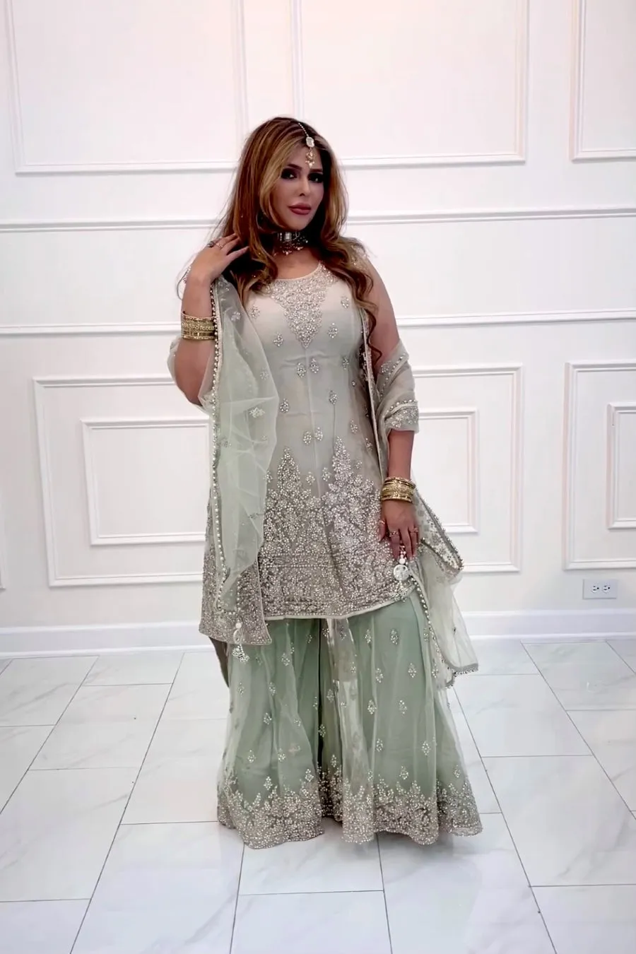Mint Green Gharara suit with Jacket and Dupatta