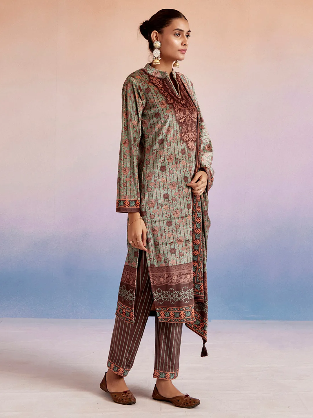 Mint Green Woolen Ethnic Printed Kurta Set With Dupatta