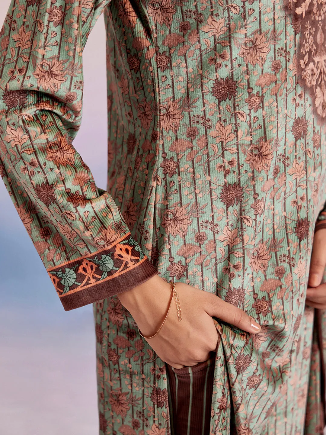 Mint Green Woolen Ethnic Printed Kurta Set With Dupatta