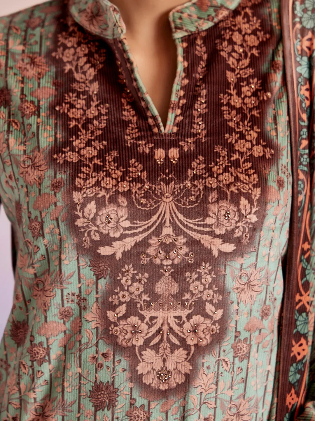 Mint Green Woolen Ethnic Printed Kurta Set With Dupatta