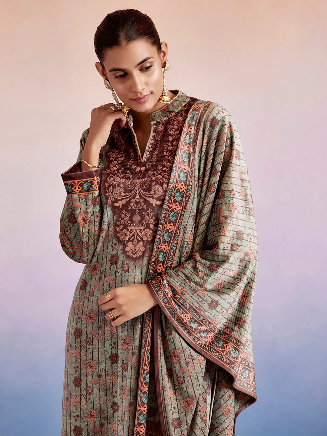 Mint Green Woolen Ethnic Printed Kurta Set With Dupatta
