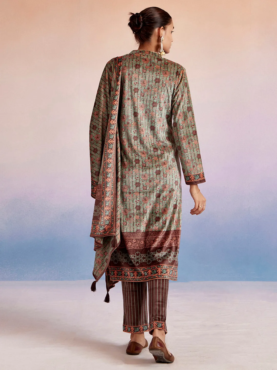 Mint Green Woolen Ethnic Printed Kurta Set With Dupatta
