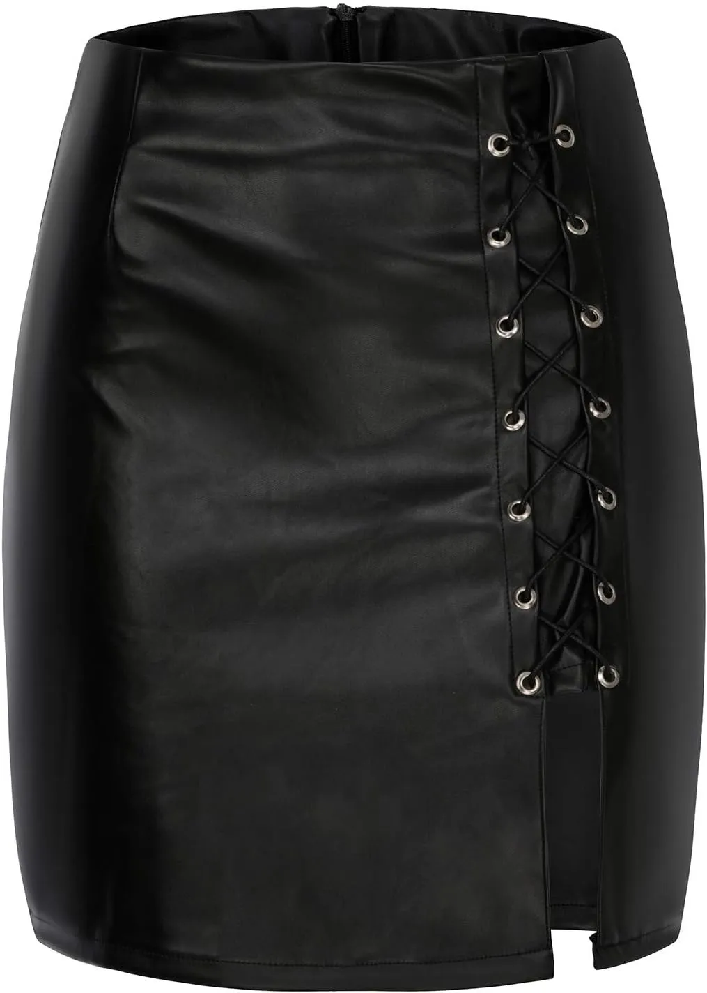 NaRHbrg Faux Leather Bodycon Slim Mini Pencil Skirt for Women Zip High-Waist Skirts Ladies Solid Button Short Skirts