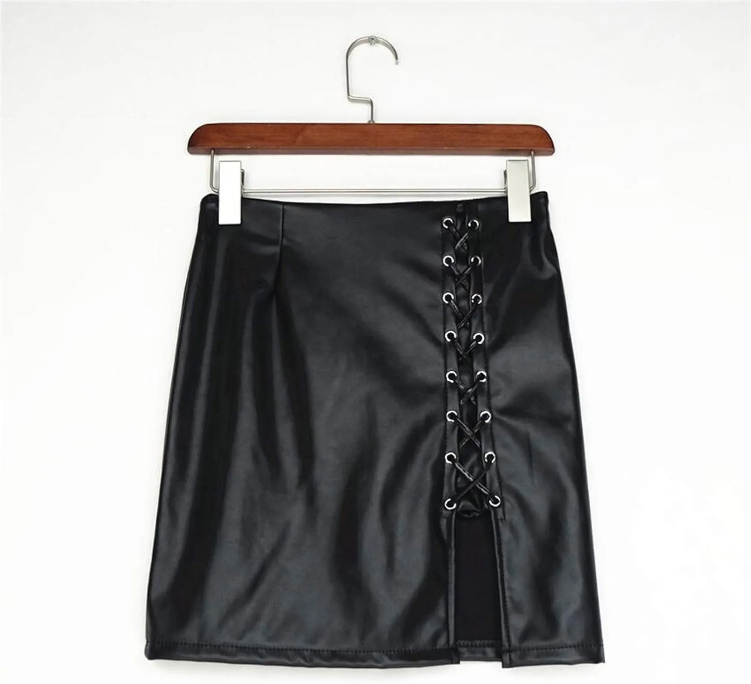 NaRHbrg Faux Leather Bodycon Slim Mini Pencil Skirt for Women Zip High-Waist Skirts Ladies Solid Button Short Skirts