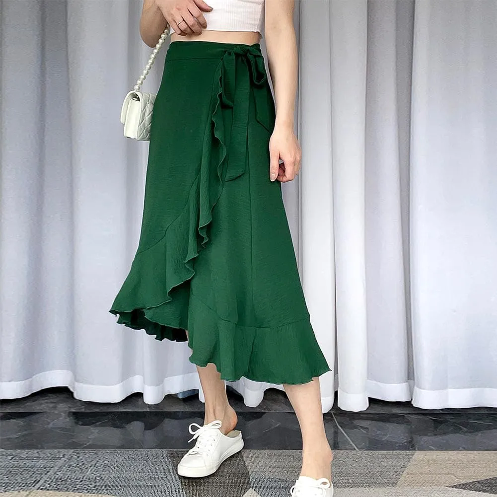 OBEEII Women Ruffle Wrap Skirt Summer Casual High Waist Tie Flowy Beach Skirt High Low Asymmetrical Split Midi Skirts