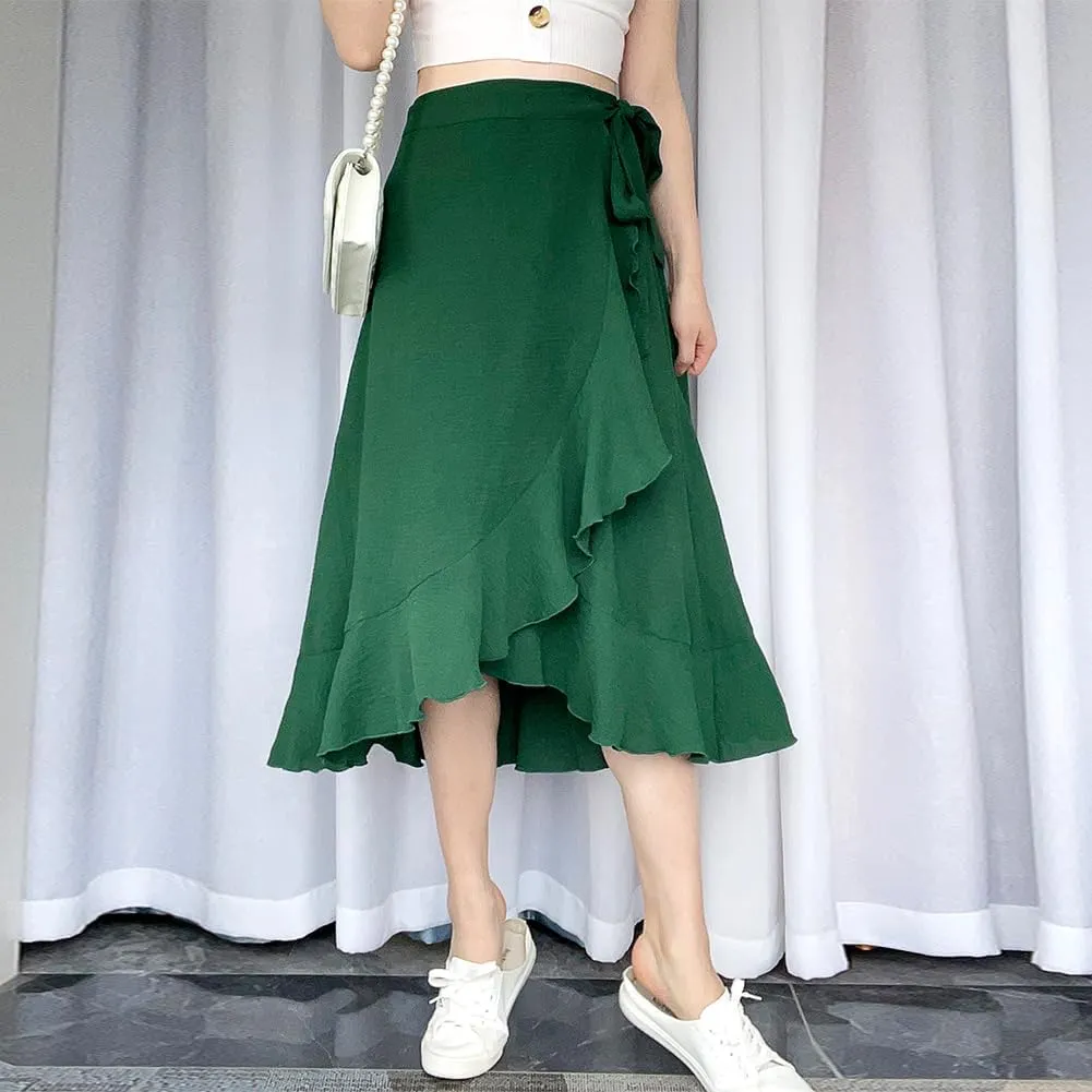OBEEII Women Ruffle Wrap Skirt Summer Casual High Waist Tie Flowy Beach Skirt High Low Asymmetrical Split Midi Skirts
