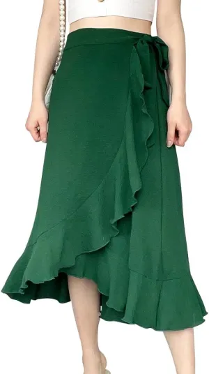 OBEEII Women Ruffle Wrap Skirt Summer Casual High Waist Tie Flowy Beach Skirt High Low Asymmetrical Split Midi Skirts