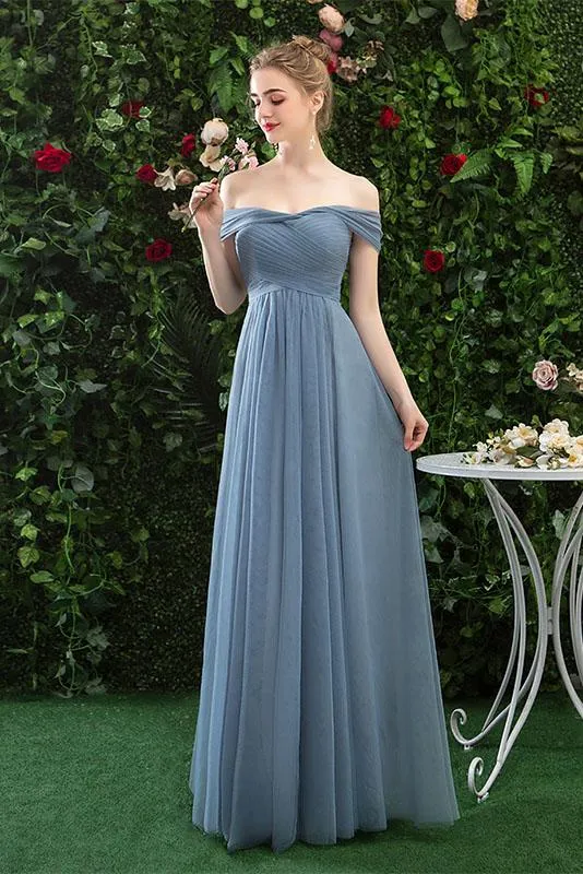 Off Shoulder Tulle Long Prom Dress with Short Sleeves, Simple Bridesmaid Dresses UQ2322