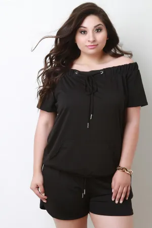 Off The Shoulder Drawstring Front Pouch Top