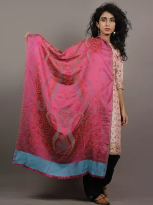 Pink Green Blue Cashmere Jamawar Silk Woolen Stole - S6317208