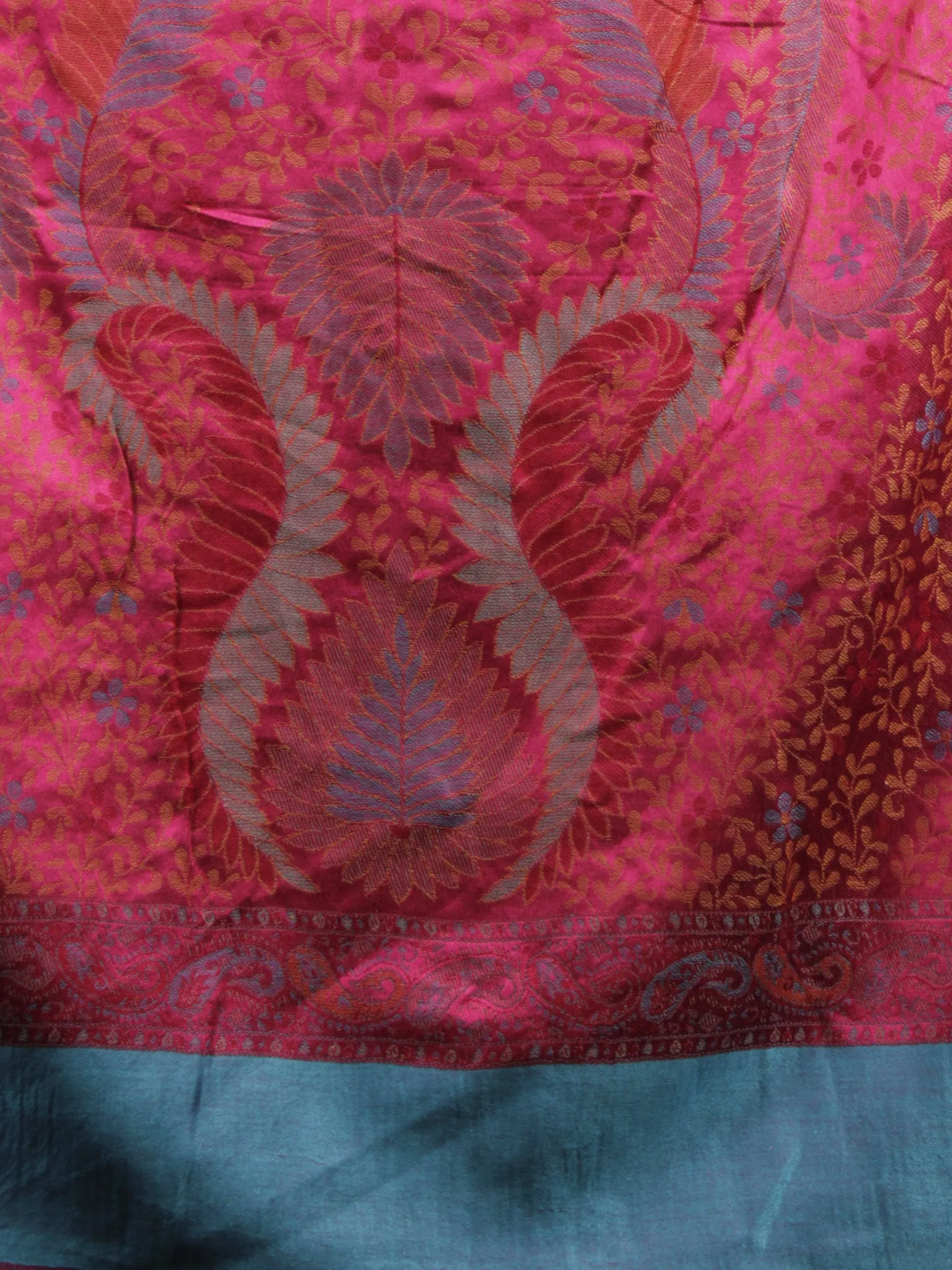 Pink Green Blue Cashmere Jamawar Silk Woolen Stole - S6317208