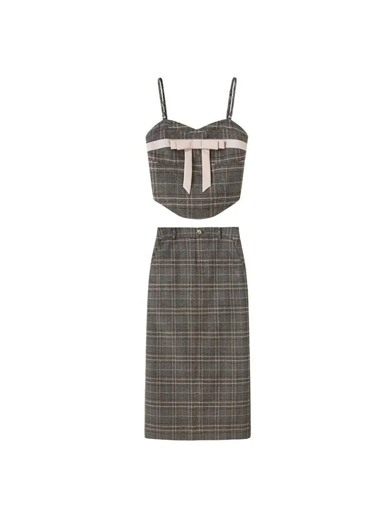 Plaid bow tube top and A-line skirt【s0000003279】