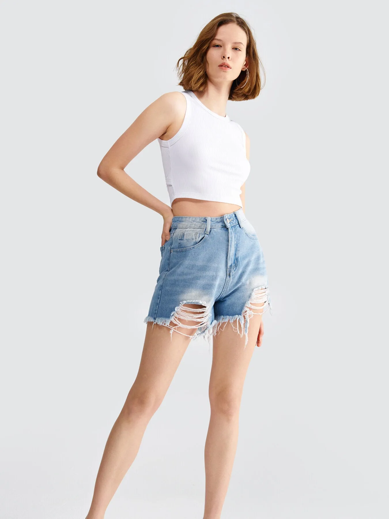 Pocket Ripped Button Denim Shorts