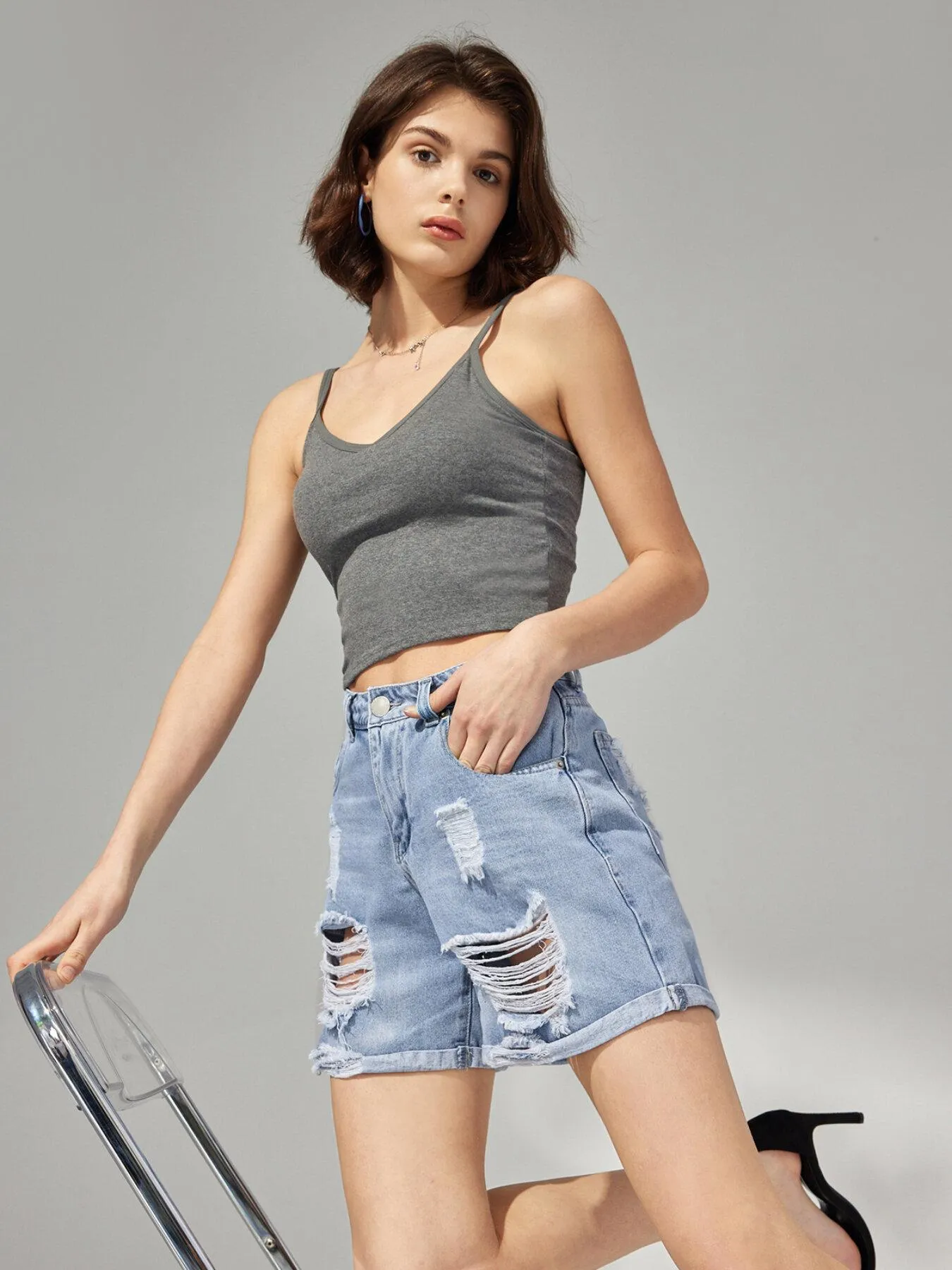 Pocket Ripped High Waist Denim Shorts