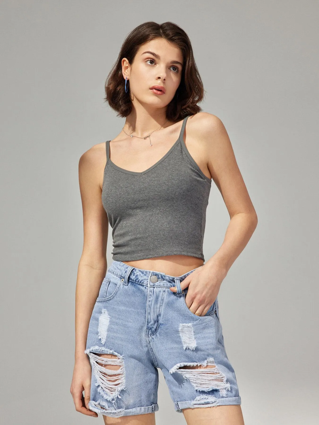 Pocket Ripped High Waist Denim Shorts