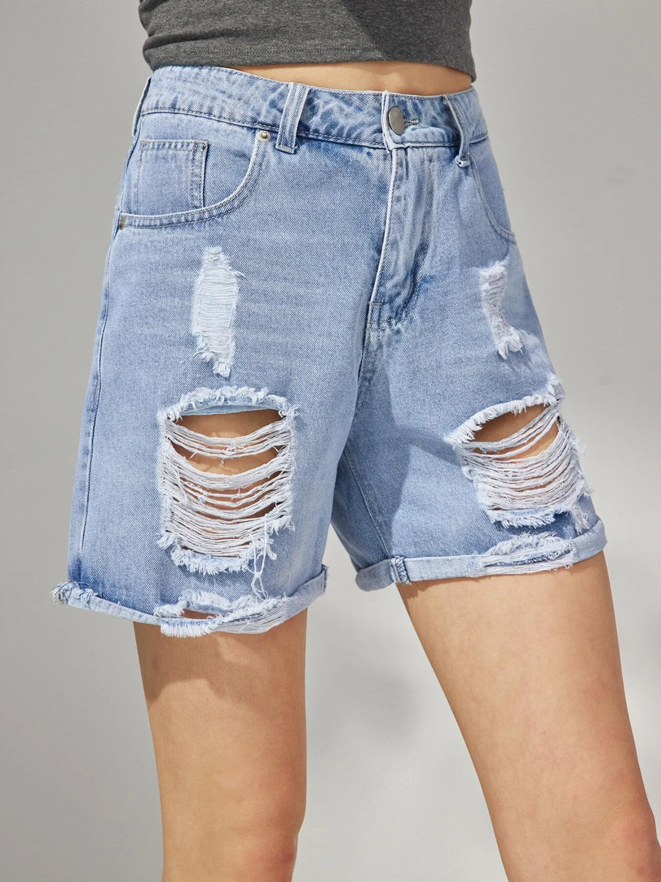 Pocket Ripped High Waist Denim Shorts