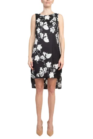 Premise Boat Neck Sleeveless Floral Print High Low Hem Charmeuse Dress