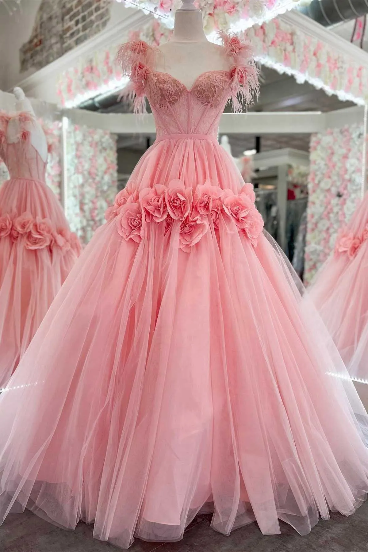 Princess Black Off the Shoulder Tulle Prom Dress with Flowers, Lace Quinceanera Dress UQP0261