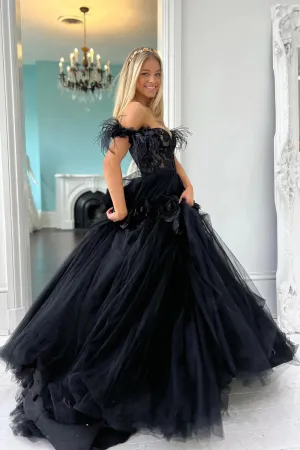 Princess Black Off the Shoulder Tulle Prom Dress with Flowers, Lace Quinceanera Dress UQP0261