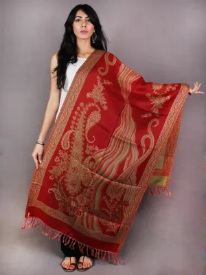 Red Olive Green Pure Wool Jamawar Stole from Kashmir - S6317100