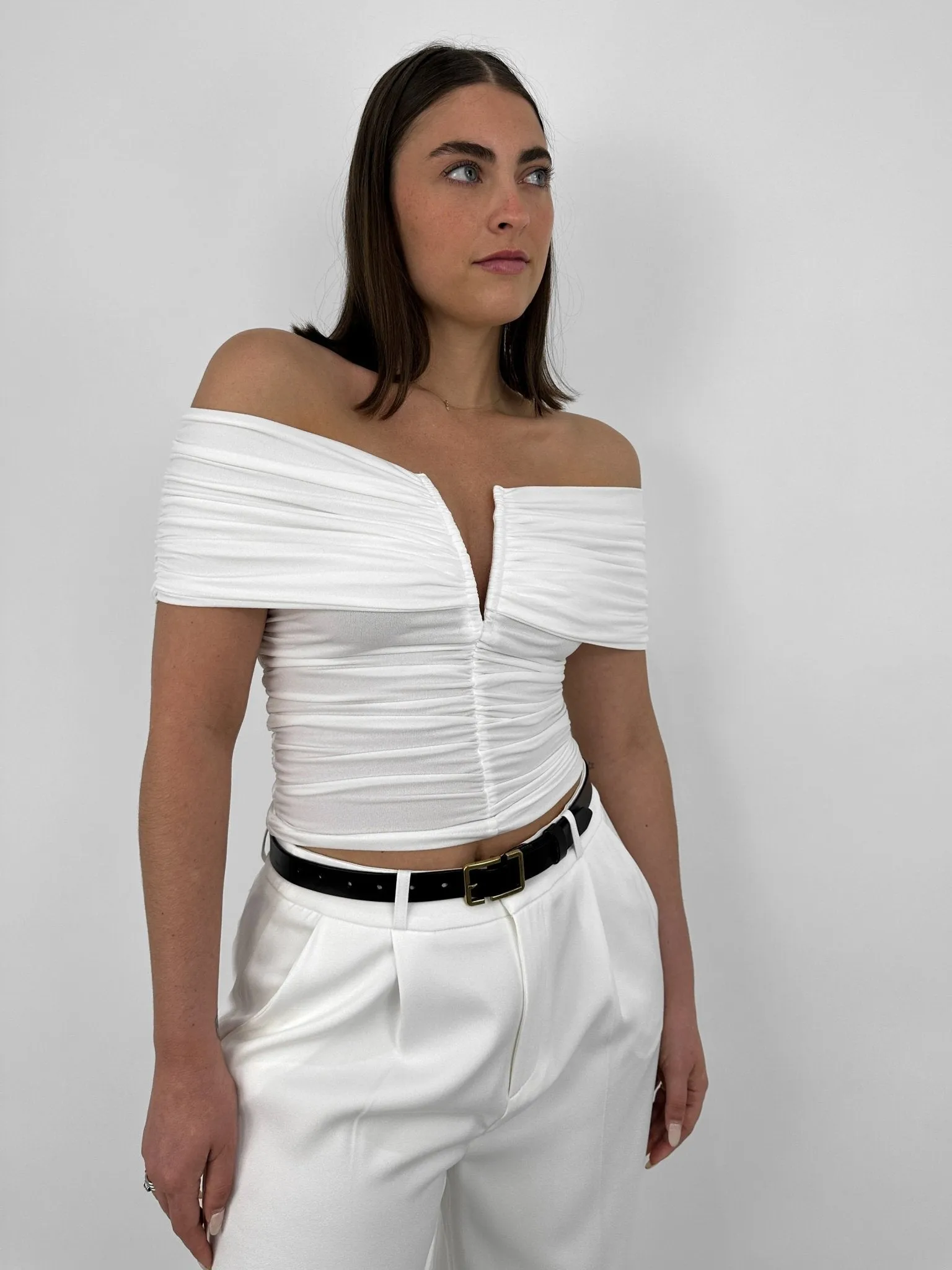 Ruched Off The Shoulder V Neck Top