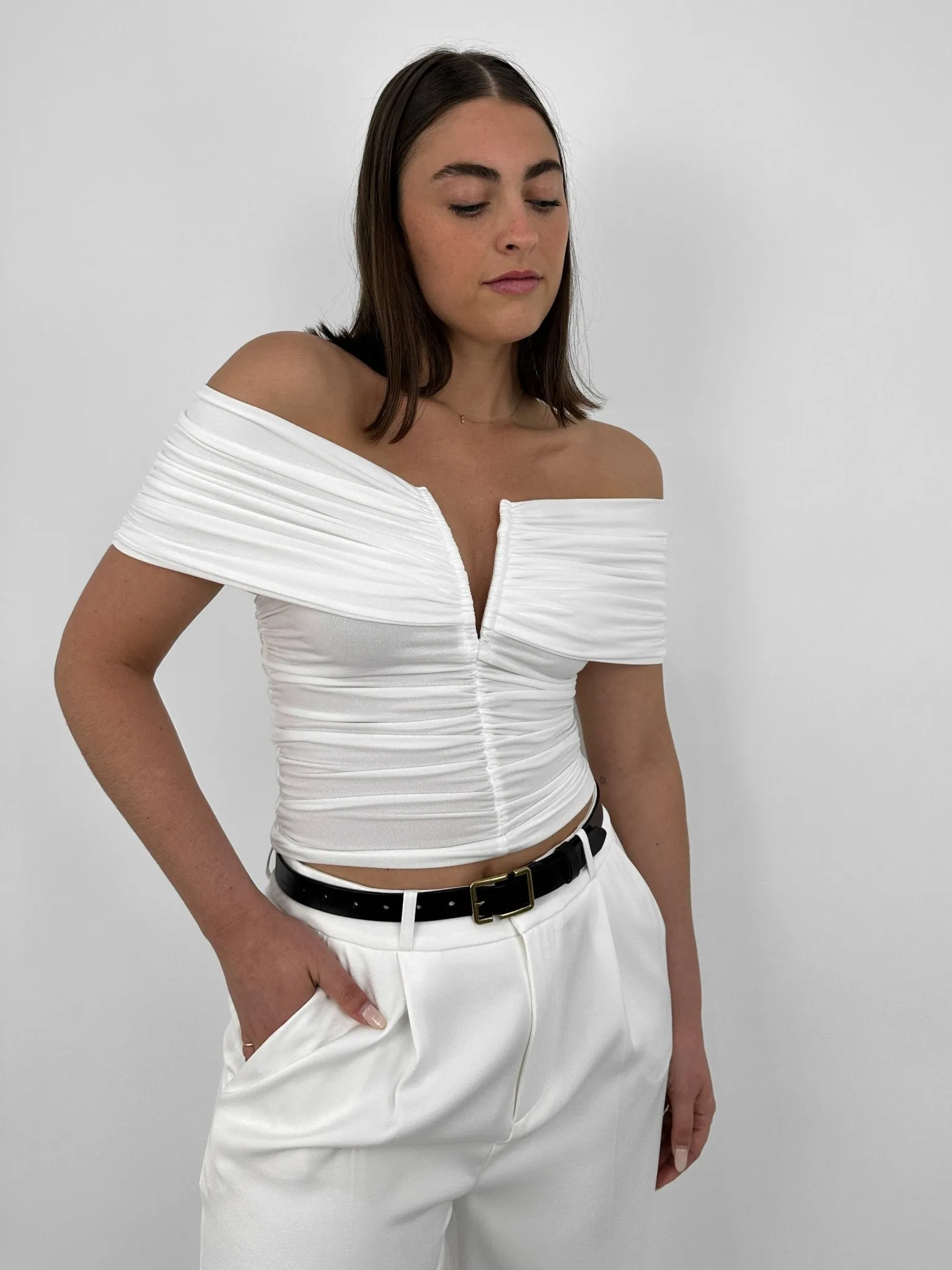 Ruched Off The Shoulder V Neck Top