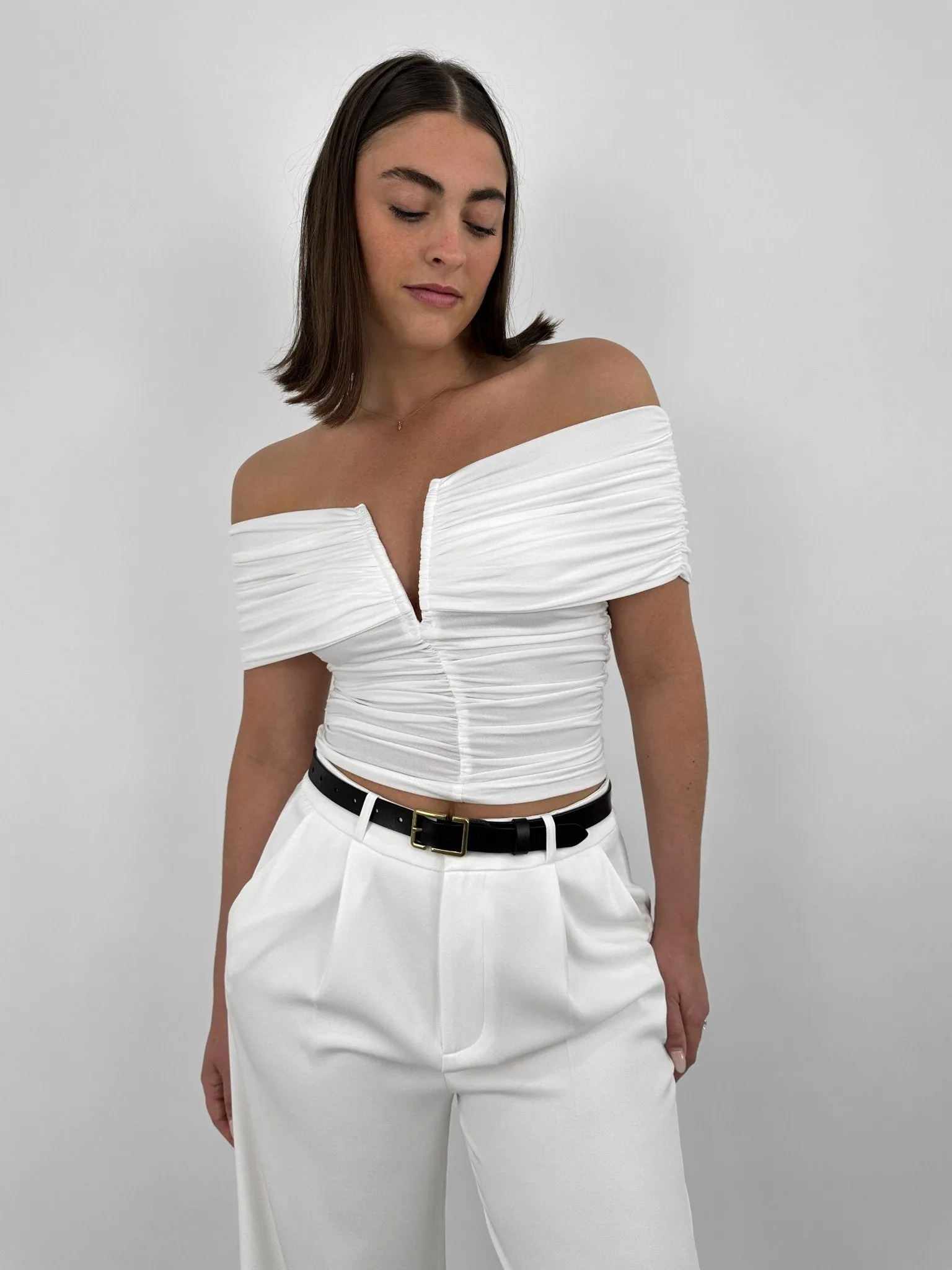 Ruched Off The Shoulder V Neck Top