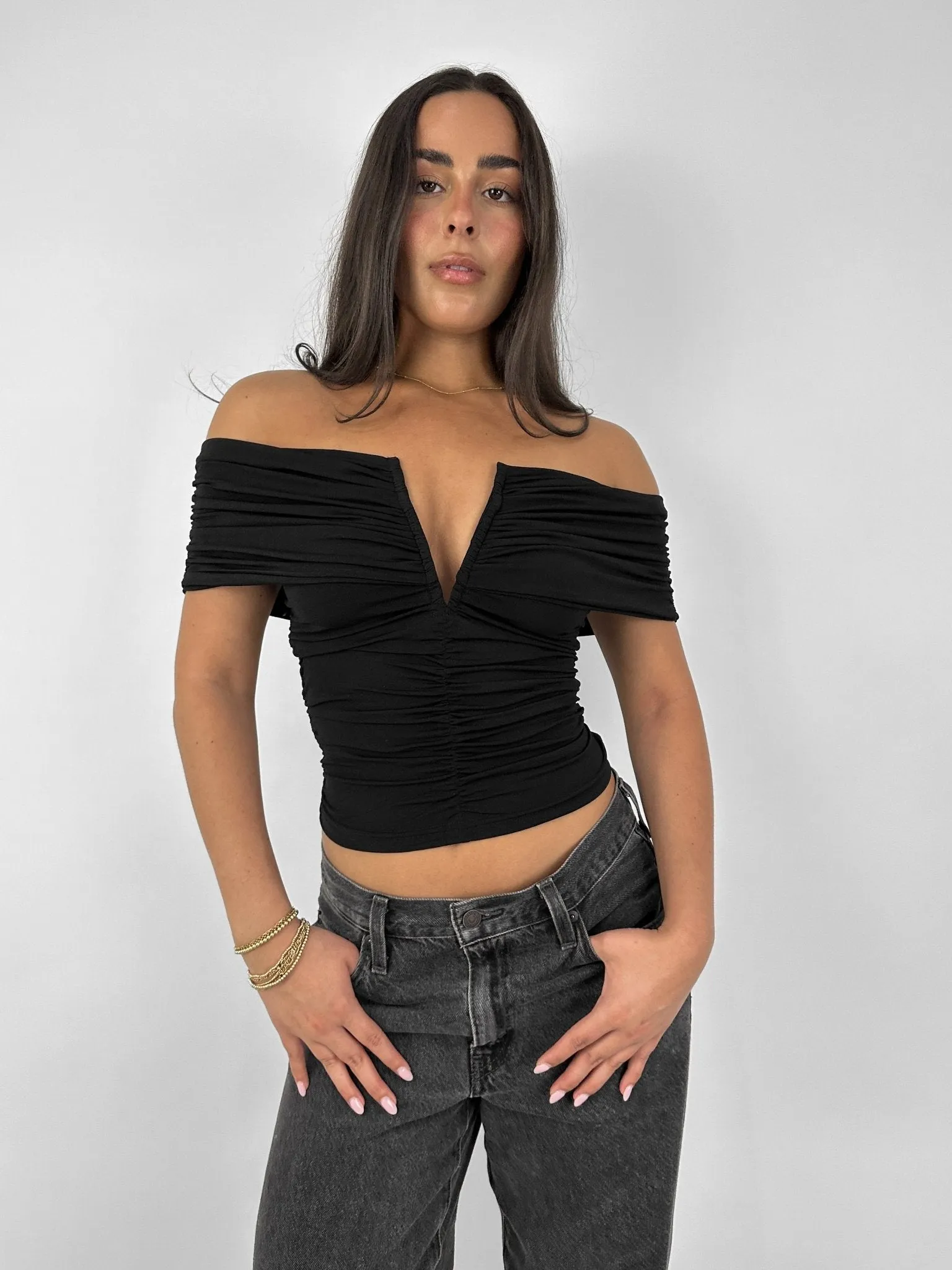 Ruched Off The Shoulder V Neck Top