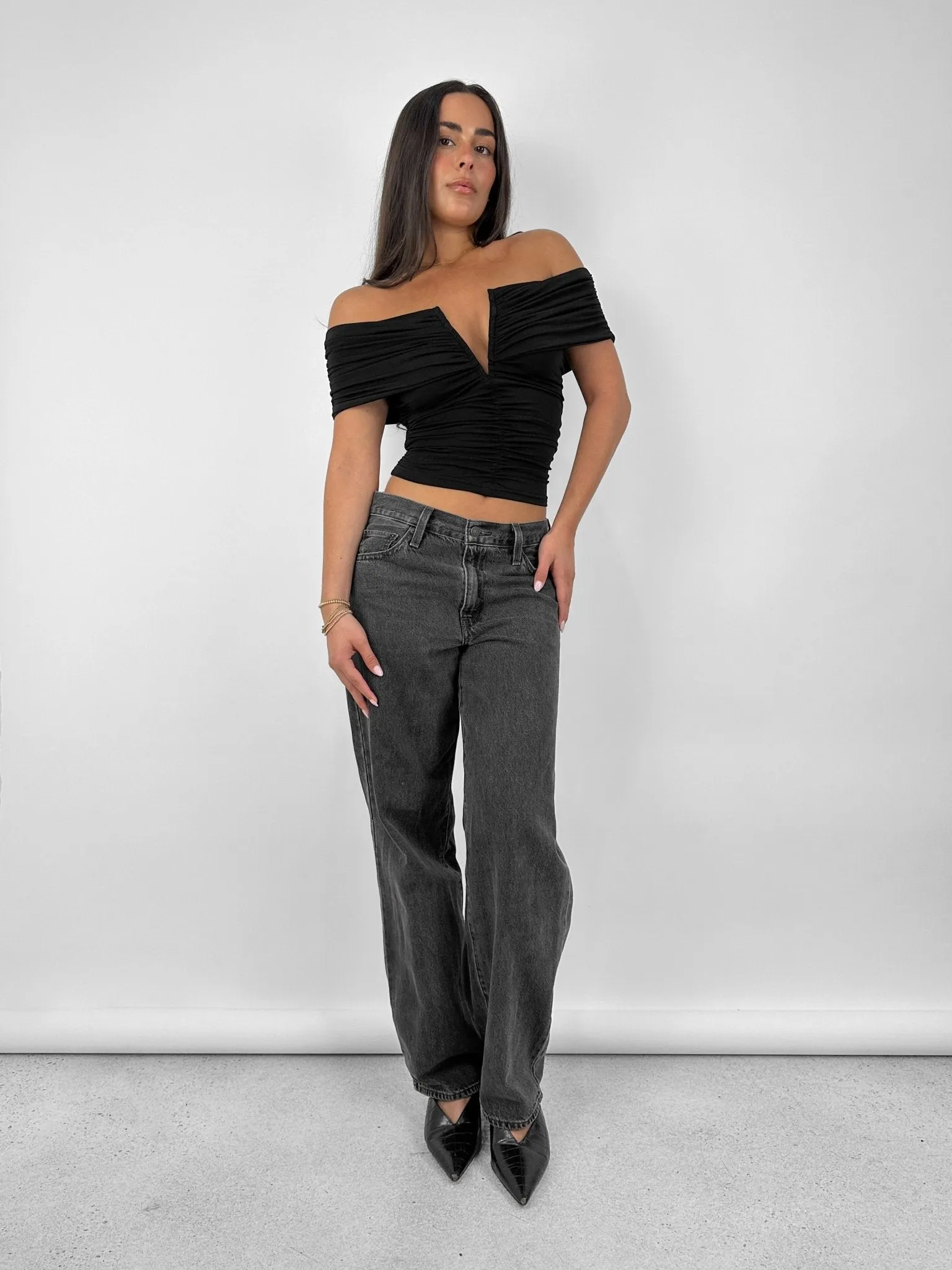 Ruched Off The Shoulder V Neck Top