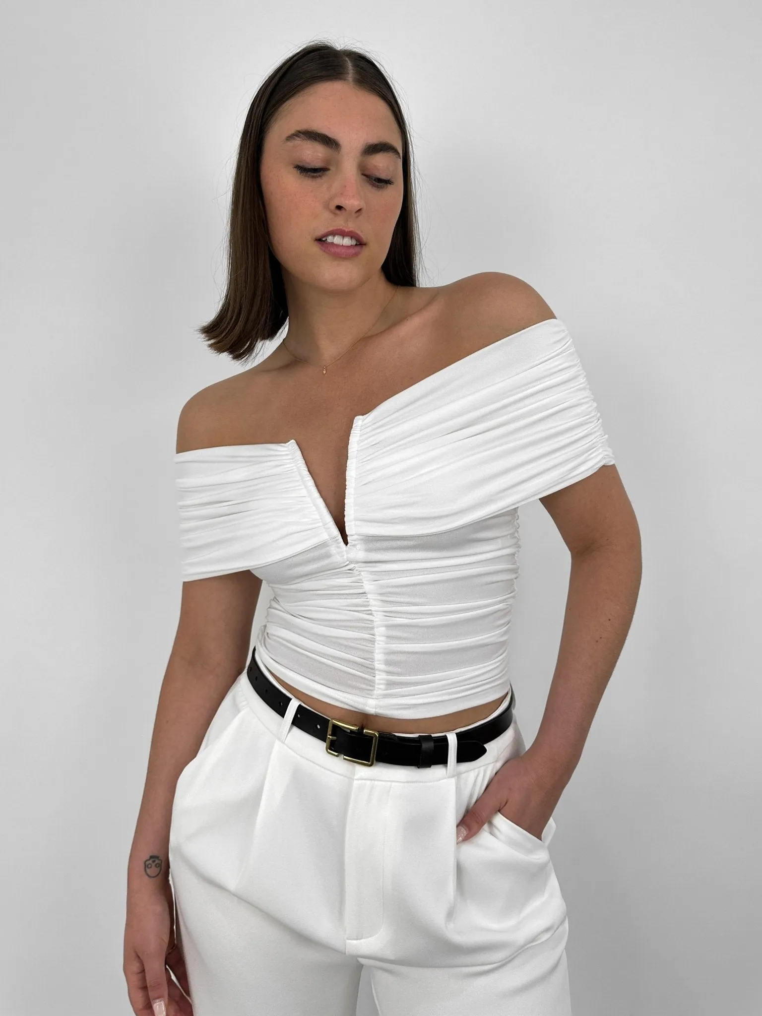 Ruched Off The Shoulder V Neck Top