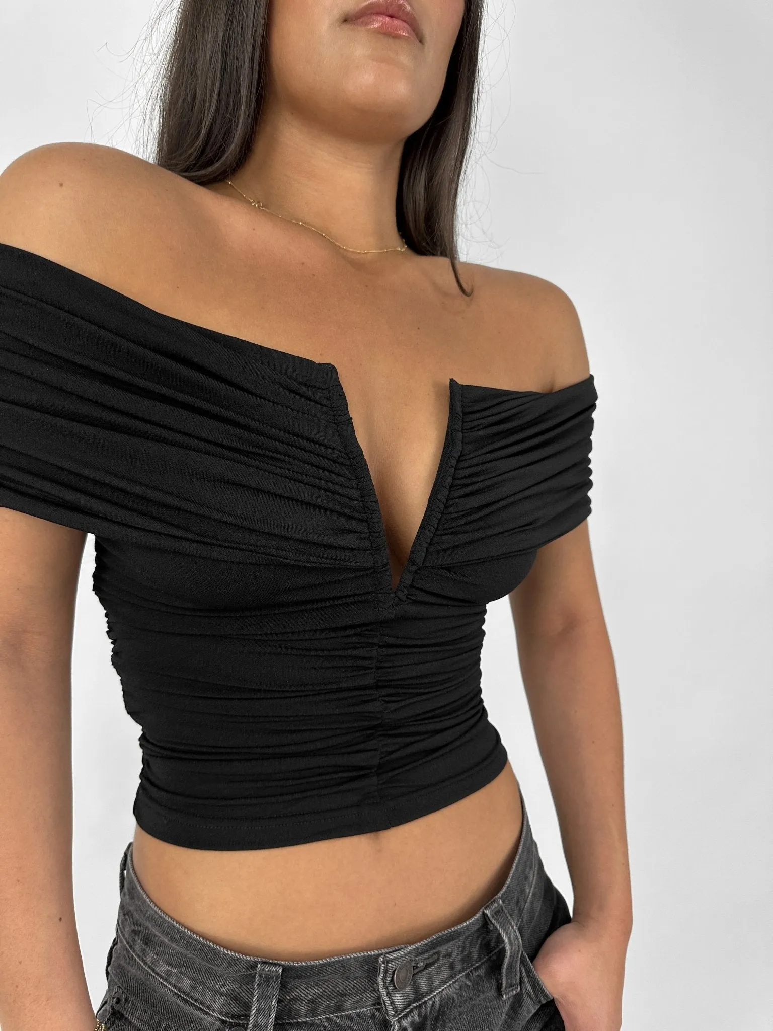 Ruched Off The Shoulder V Neck Top