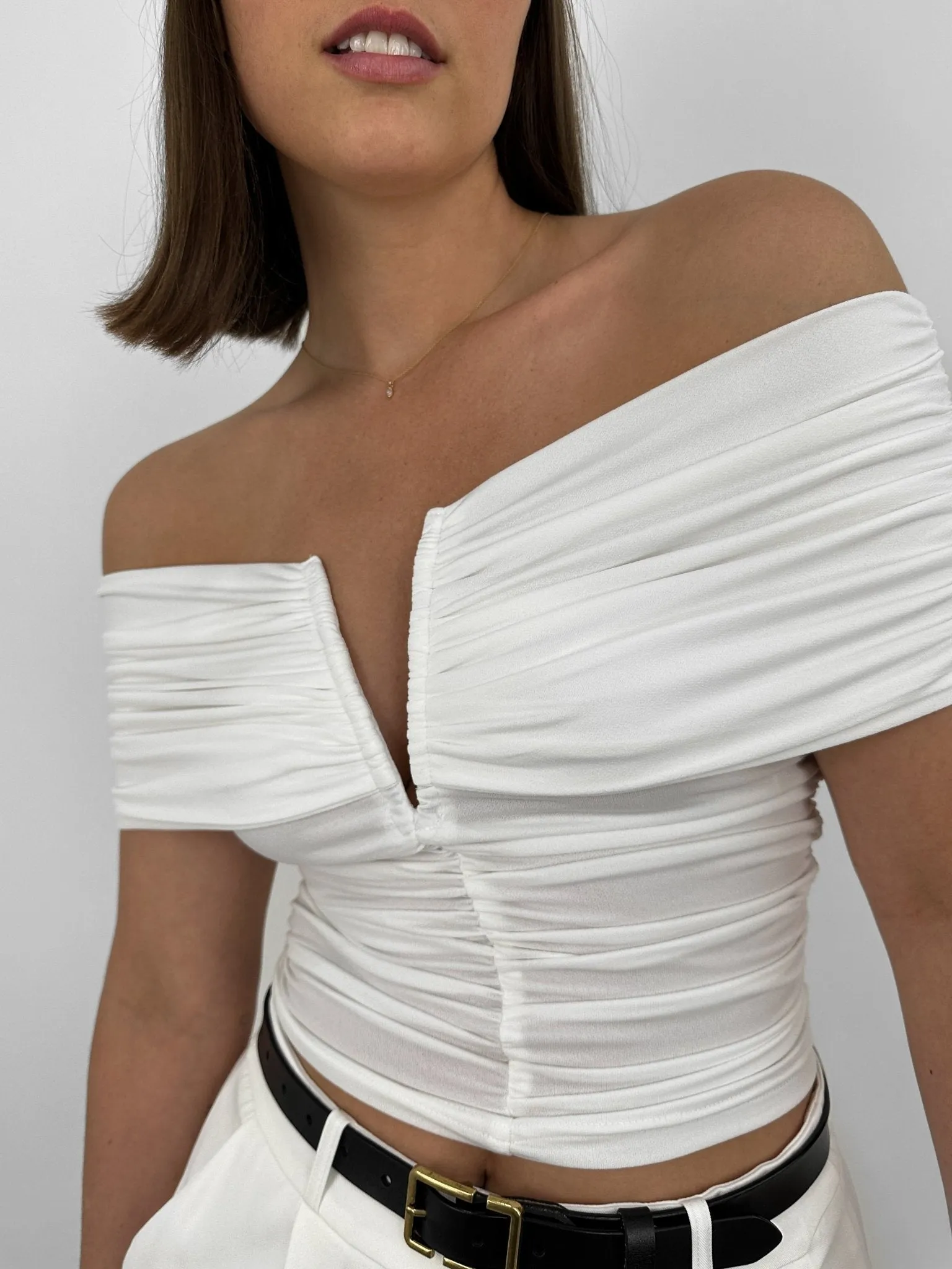 Ruched Off The Shoulder V Neck Top