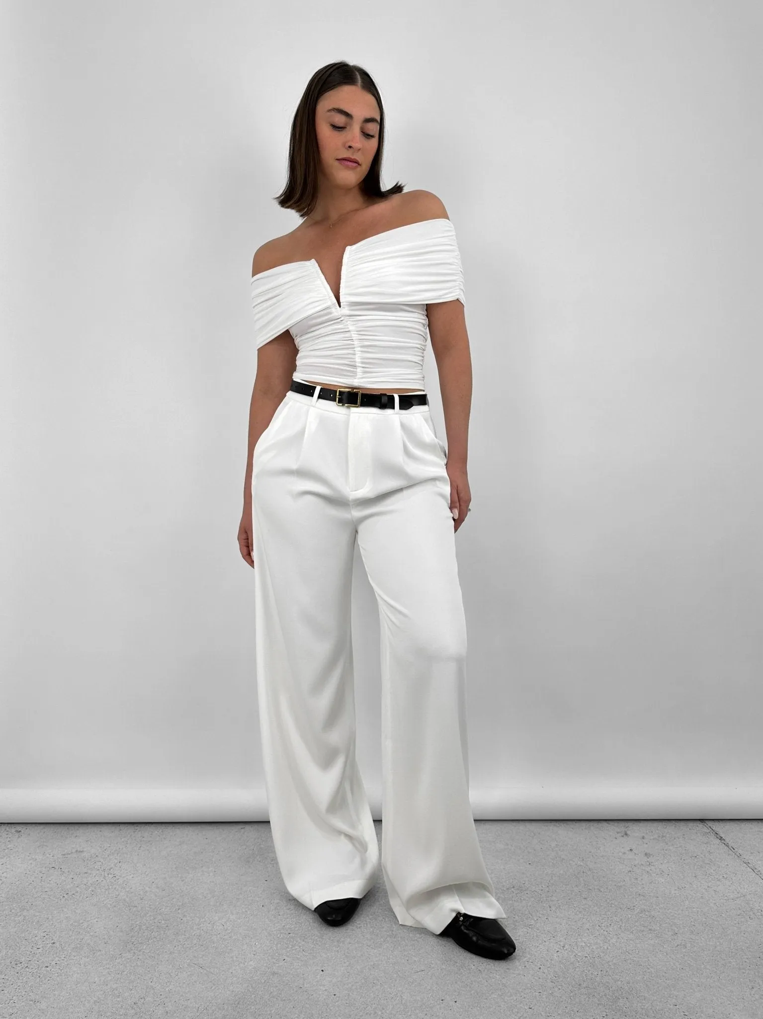 Ruched Off The Shoulder V Neck Top